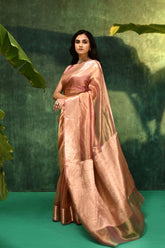 'Arunima' Champagne Rose Pure Daimond Iktara Tissue Banarasi Handloom Saree